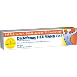 Schachtel Diclofenac-Heumann Gel gegen Schmerzen und Entzündungen, 50g für Hautanwendung.