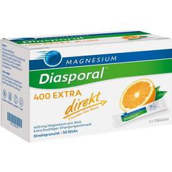 Die Verpackung zeigt Magnesium-Granulat mit Orangengeschmack für direkte Einnahme.