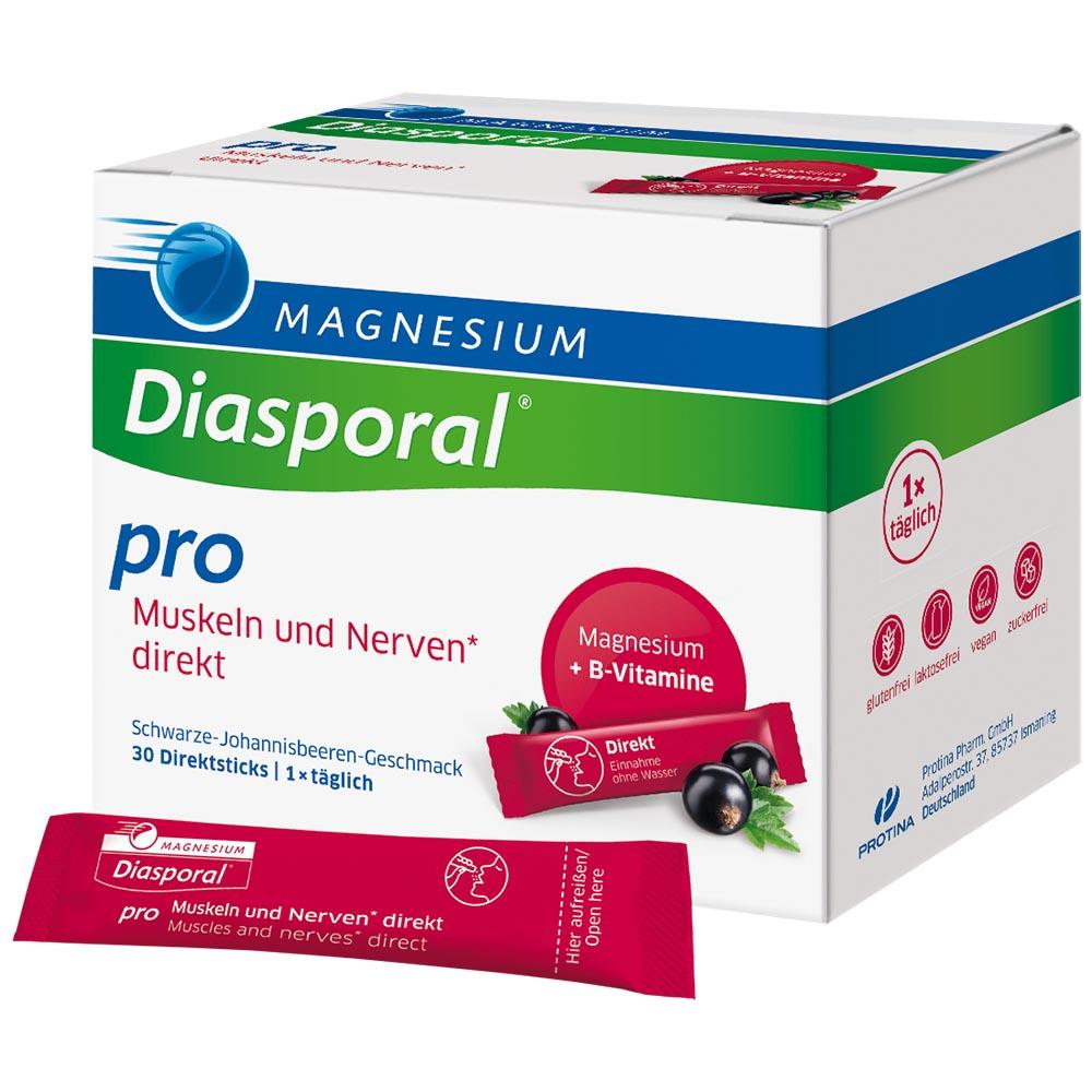 Verpackung von Diasporal Magnesium mit schwarzen Johannisbeeren-Geschmack.