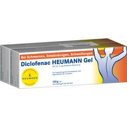Verpackung von Diclofenac Heumann Gel zur Behandlung von Schmerzen, Entzündungen und Schwellungen.