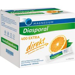 Eine Packung Diasporal Magnesium mit Orangengeschmack für direkte Einnahme.